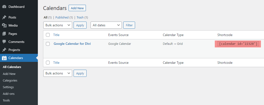 Copying calendar shortcode