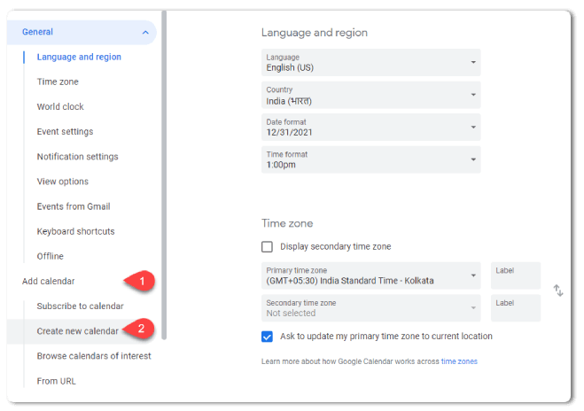 Creating a new calendar under general settings in Google Calendar