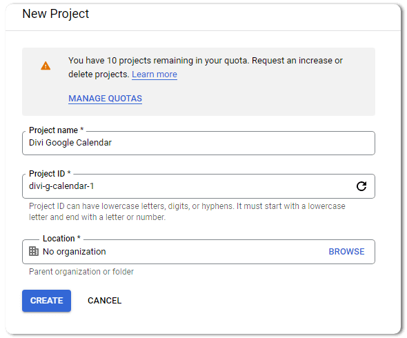 Creating project id for Google Calendar in Divi