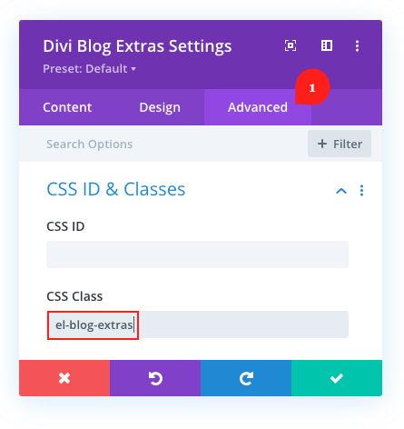 Divi Blog Extras advanced settings with drop cap class name