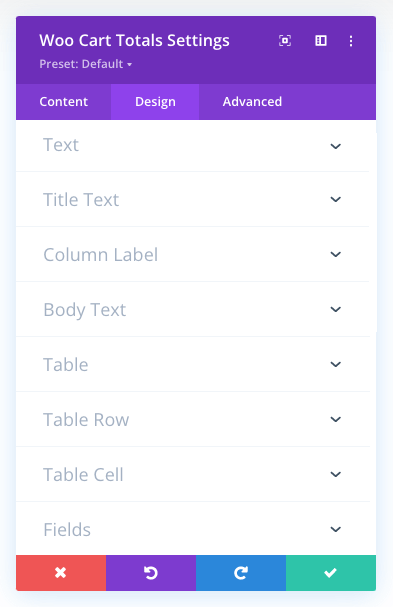Divi Woo Cart Totals Module design tab settings