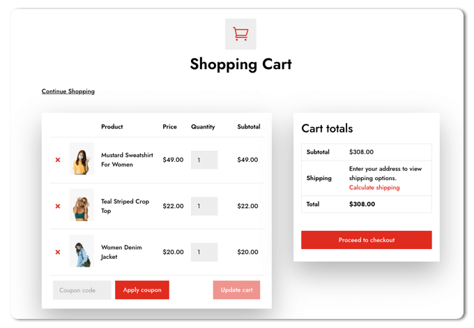 Divi WooCommerce Cart page layout with cart totals