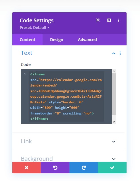 Pasting Google Calendar code inside Divi code module