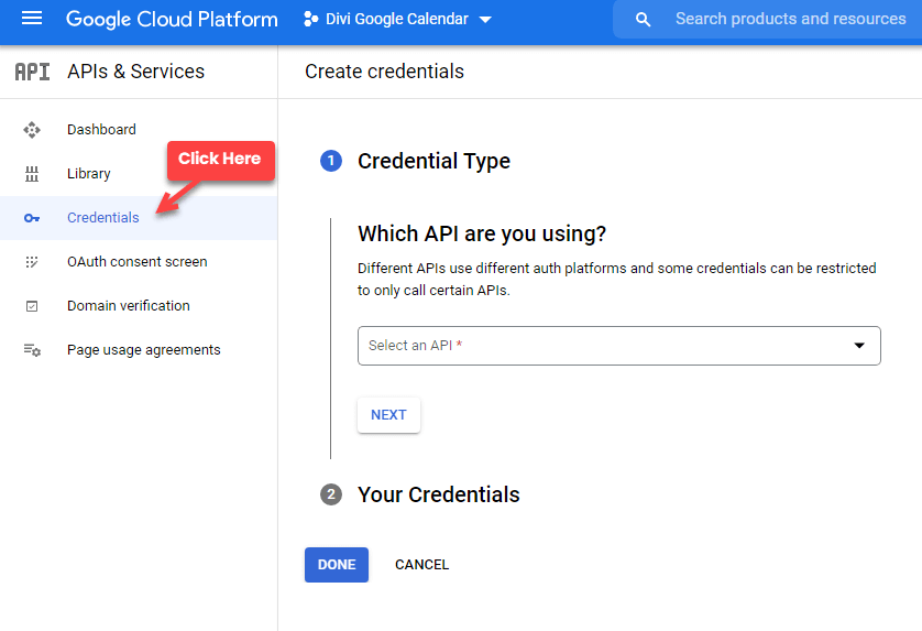 Selecting Credentials option in the sidebar