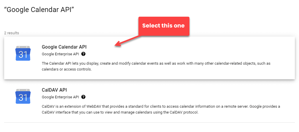 Selecting Google Calendar API in API Library