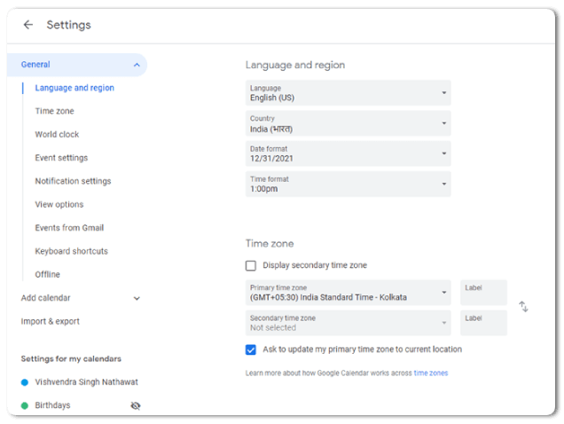 Settings of Google Calendar