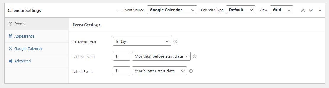 Simple Calendar's Events menu