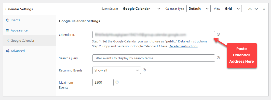 Simple Calendar's Google Calendar Menu