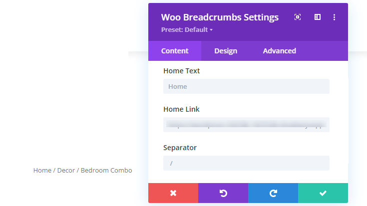 Woo Breadcrumbs module and content tab options for home link and more