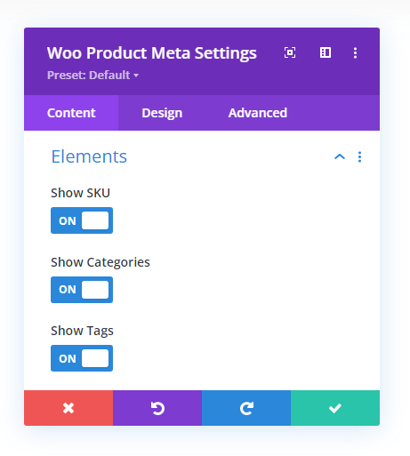 Woo Product Meta Elements settings