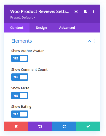 Woo Product Reviews elements settings