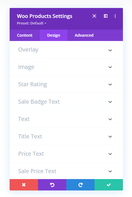 Woo Products module design tab settings