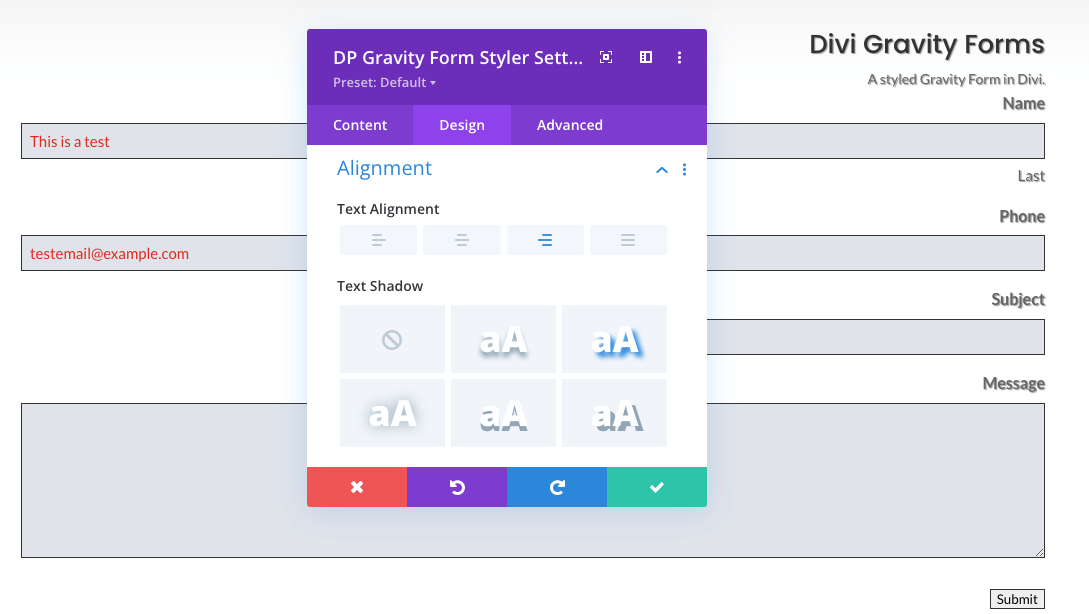 Alignment setting of the Gravity Form styler module