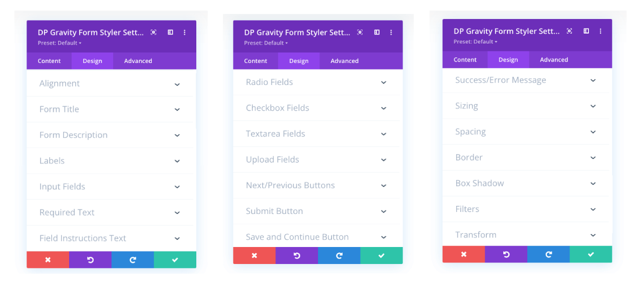 Divi Gravity Form Styler module design settings