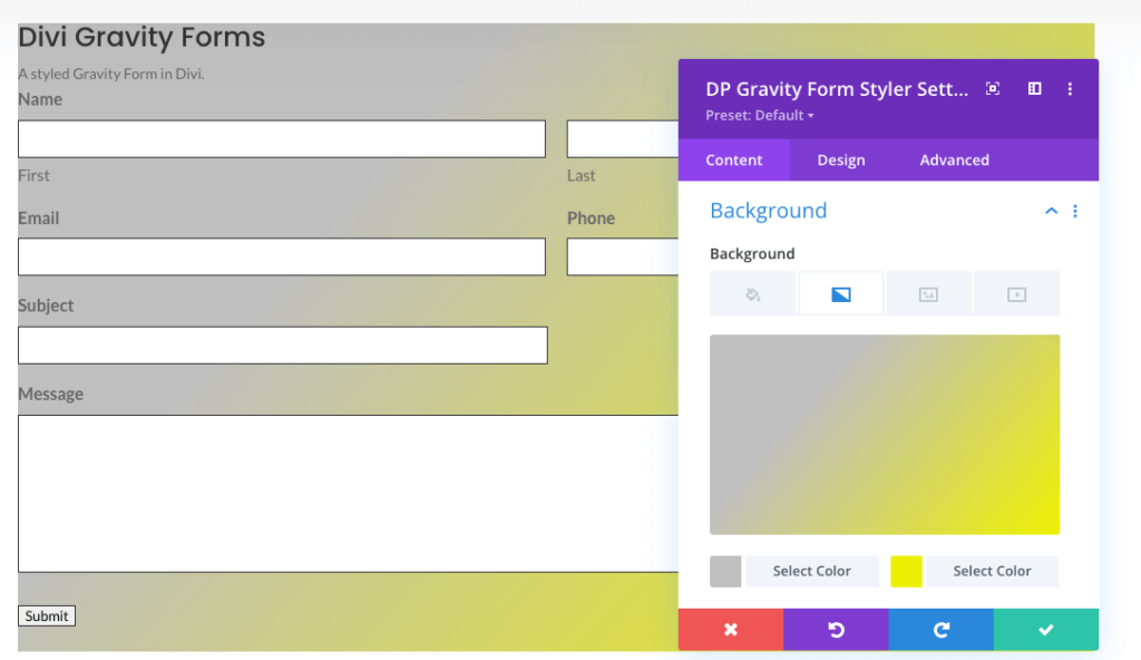 Divi Gravity forms background customization settings
