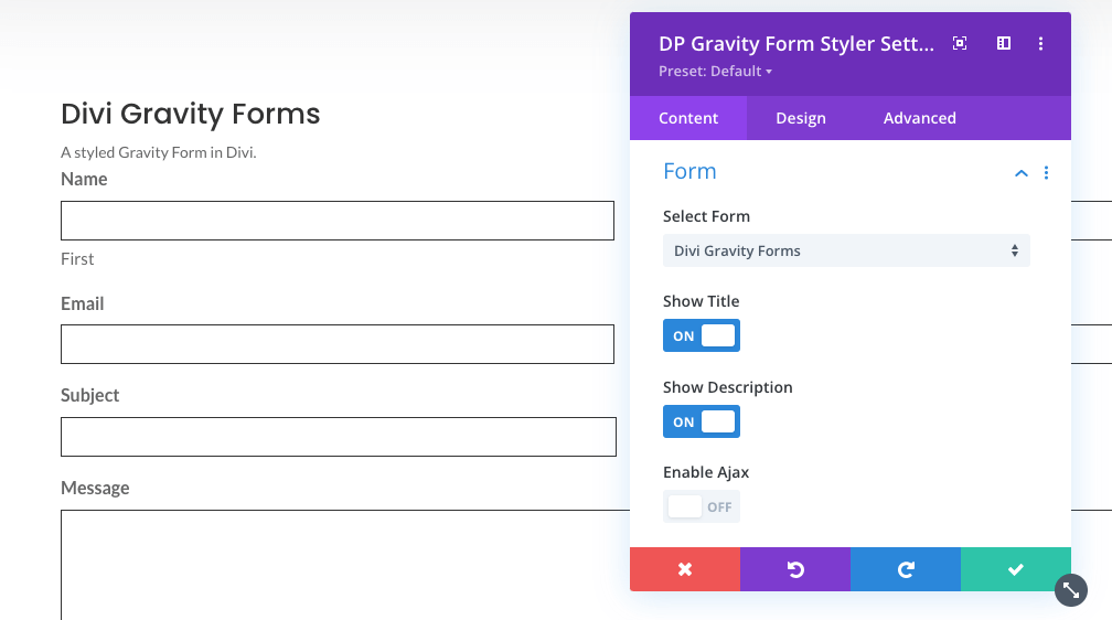 Form settings of Gravity Forms styler module