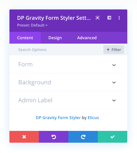 Gravity Form styler module content tab settings