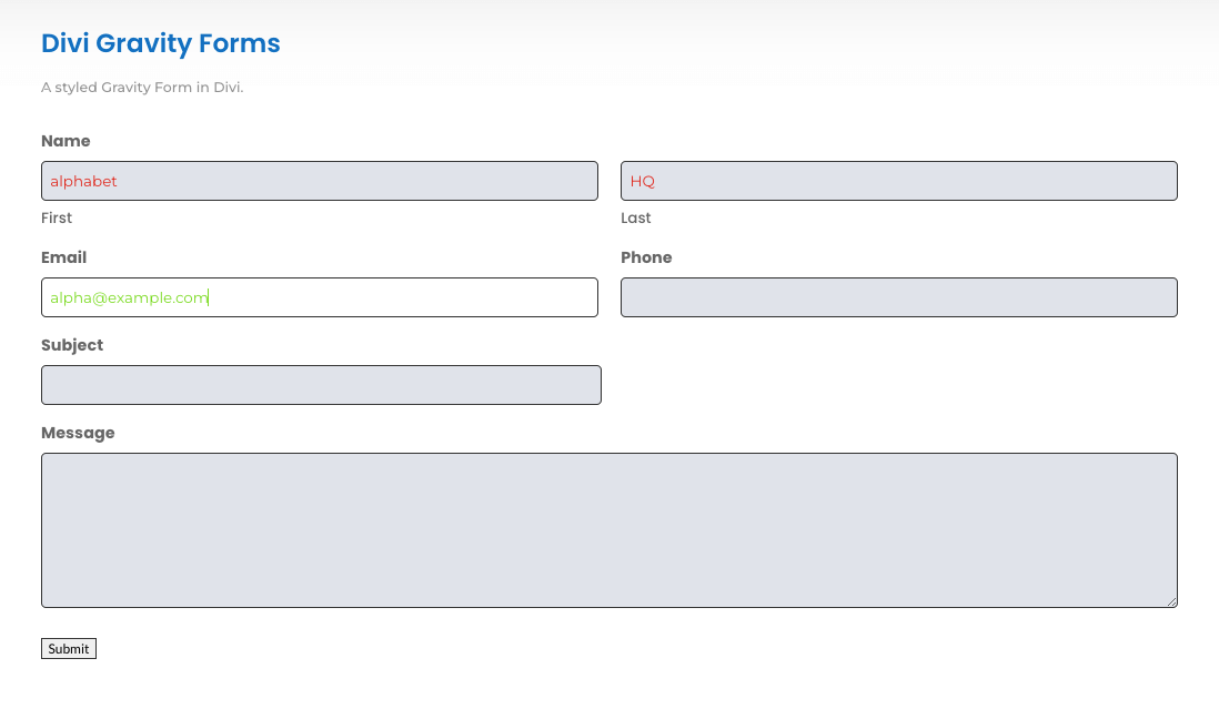 Styled Divi Gravity Form with rounded input fields