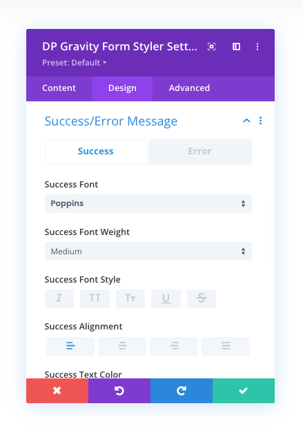 Success message settings in Divi Gravity Form Styler module