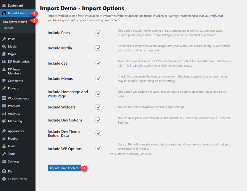 Importing Demo Content for Divi Plus Website