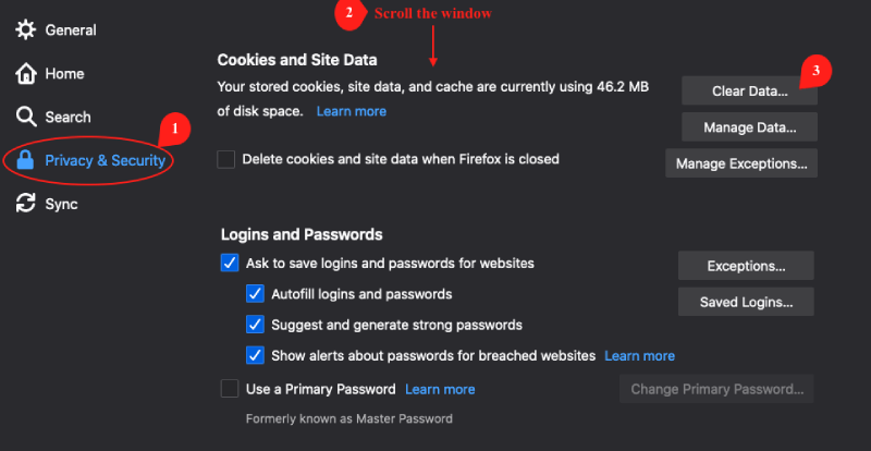 Choosing Privacy and Settings to open cache settings in Mozilla Firefox