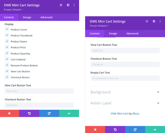 Divi Mini Cart module settings