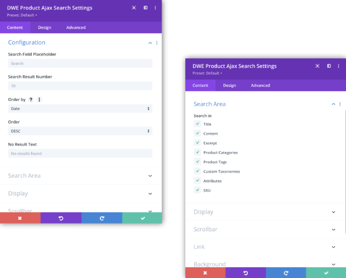 Divi WooCommerce Ajax Search module settings