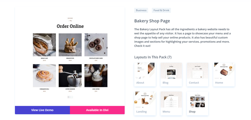 Divi WooCommerce Bakery layout