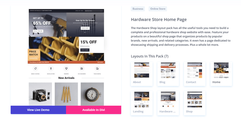 Divi WooCommerce Hardware layout