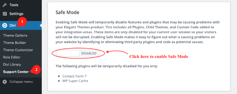 Enabling Safe Mode in Divi to toubleshoot Divi issue