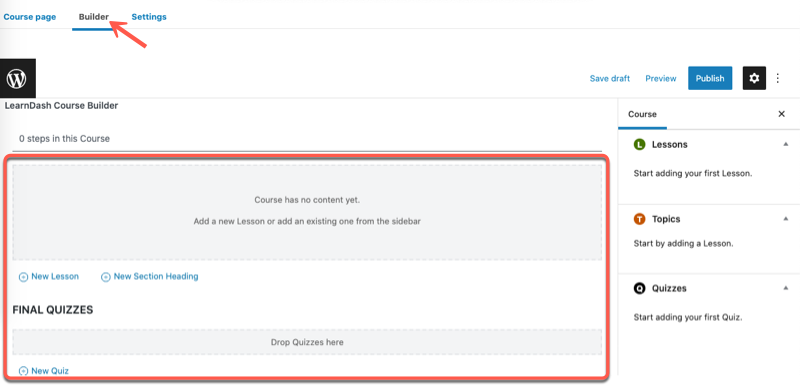 Accessing Lessons and Quiz builder of LearnDash