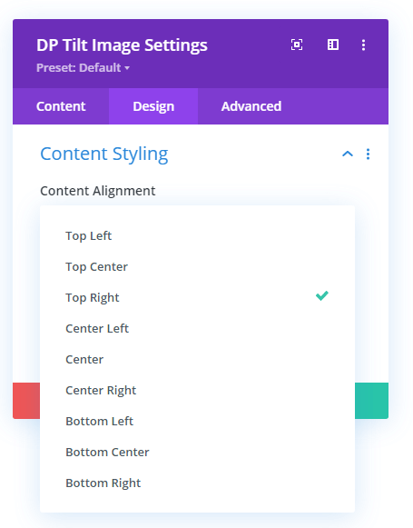 Content alignment option for the Divi tilt image