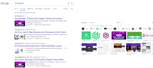 Divi Extended in Google videos and images search results