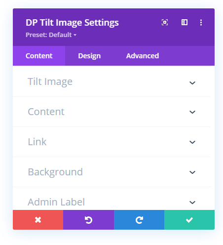 Divi Tilt Image module's Content tab's settings