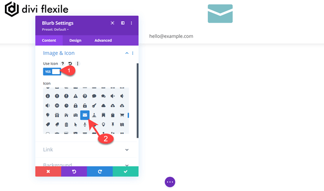 Enabled Icon option for the email item for the Divi hamburger menu