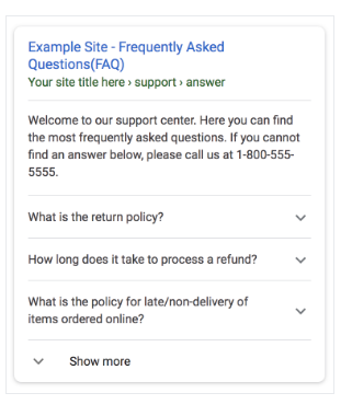 FaqSchema search results example from Google