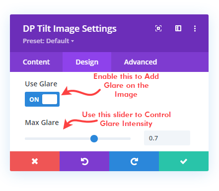Glare option in the Divi Tilt Image module