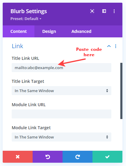 Linking query for the Email Divi hamburger menu item