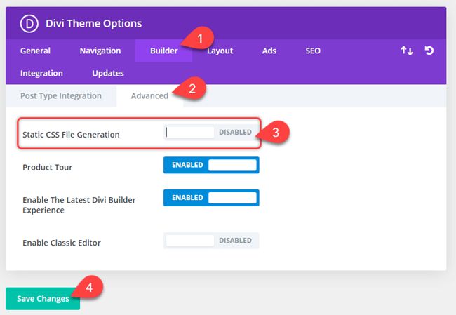 Static CSS File Generation disabled in Divi