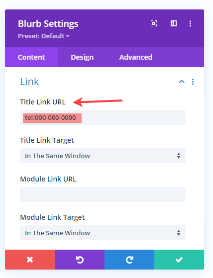 Title Link URL for the Phone menu item