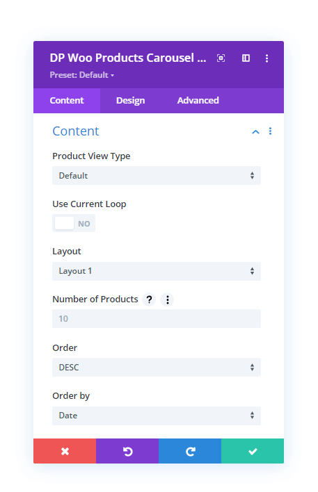 Content settings of the Divi Plus WooCommerce Products Carousel module