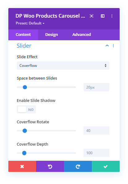 Coverflow effects option in WooCommerce Products Carousel Module