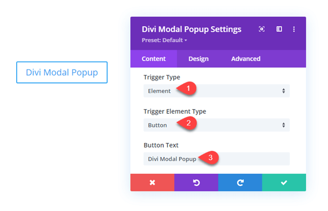 Creating popup for Divi with Button Element Trigger Type