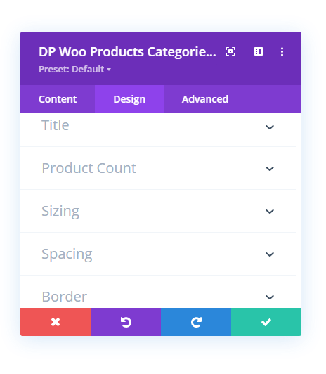 Design tab of the Woo Products Categories module