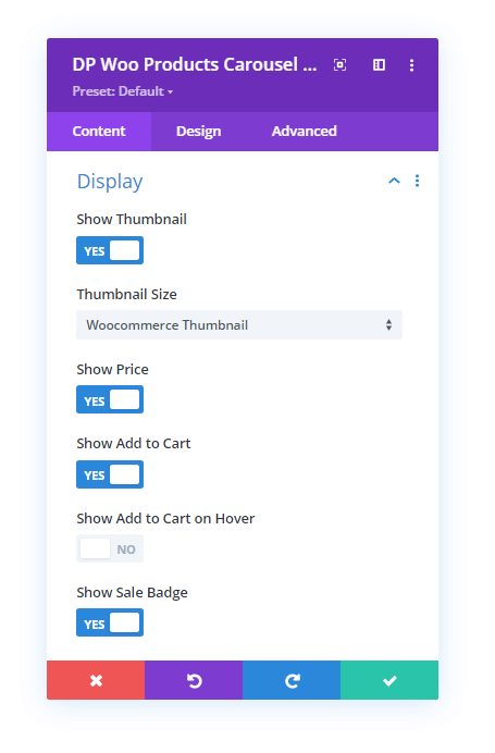 Display settings of the Divi Plus WooCommerce Products Carousel module