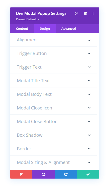 Divi Modal Popup Design tab settings