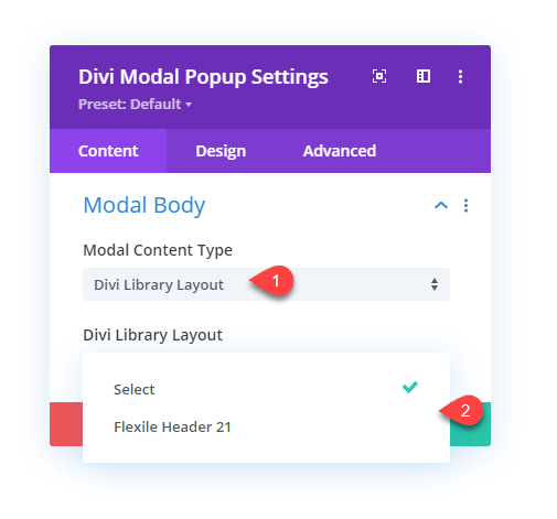 Divi Modal Popup Library Layout Body Content option