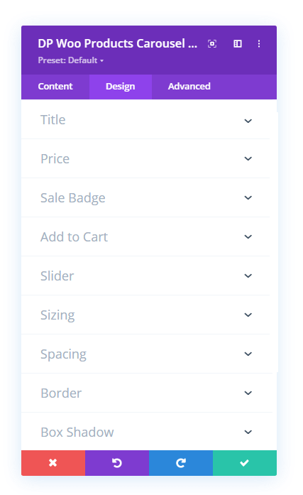 Divi Plus Woo Products Carousel Design tab