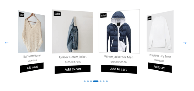Divi Plus Woo Products Carousel with stretched dot pagination