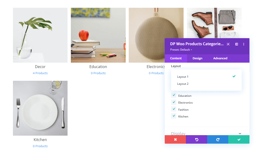 Divi Woo Shop Products Categories and their layout option